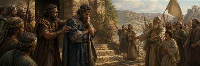 Joab supporting grieving David as representatives welcome the king near the Jordan